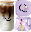 AYGXU Purple Glass Cup with Bamboo Lid and Straw - Teacher Appreciation Gift for Women - End of Year Gift - Aesthetic Travel Cup