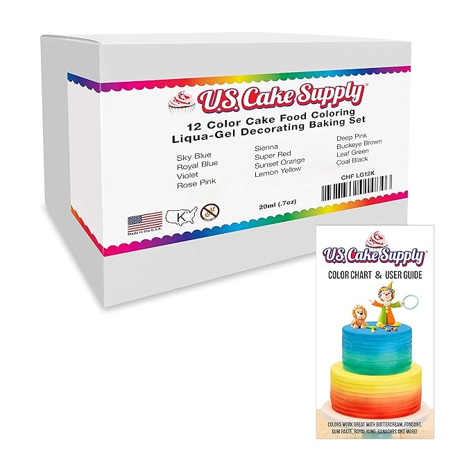 U.S. Cake Supply 12 Color Cake Food Coloring Liqua-Gel Decorating Set - .75 fl. Oz. (20ml) Bottles Primary Colors