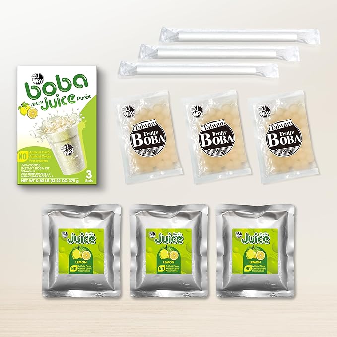 J WAY Instant Boba Bubble Pearl Lemon Juice Drinks Kit with Authentic Crystal Tapioca Boba, Ready in Under One Minute, Paper Straws Included, 3 Servings