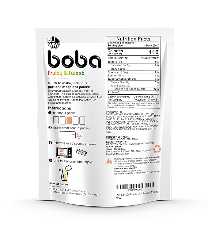 J WAY BOBA Authentic Instant Tapioca Boba Pearls for Milk Tea, Smoothies and Desserts, Tropical Fruit Flavor (Ready in Just 20 Seconds) - 5 Servings