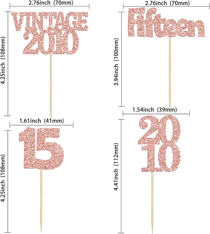 Gyufise 24Pcs 15th Birthday Cupcake Toppers Glitter Fifteen Vintage 2010 Hello 15 Years Birthday Cupcake Picks Sweet 15 Cake Decorations for Happy 15th Anniversary Party Supplies Rose Gold