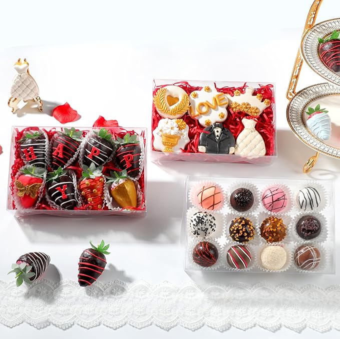 RomanticBaking 50PCS 8x5x2 Inch Full Clear Cookies Boxes Strawberry Boxes Bakery Boxes Cakesickle boxes Chocolate Truffle Boxestreat boxes