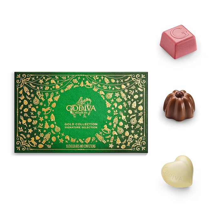 Godiva Holiday Gold Assorted Chocolate in Green Gift Box, Belgian Dark and Milk Chocolates with Pralinés, Ganaches & Caramels, Gourmet Christmas Gift, Non-GMO & Kosher, 15 Pc