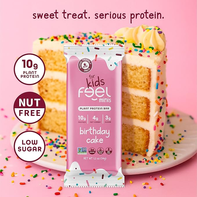 Feel Bar Minis – Kids Protein Bars | Birthday Cake | 10g Plant Protein | 100 Calories | No Added Sugar | + Daily Veggies | Gluten Free, No Nuts, No Soy, No Dairy, No Grains (12 Pack)