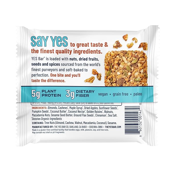 The YES Bar Apple Cinnamon Crisp – Plant Based Protein, Decadent Snack Bar – Vegan, Paleo, Gluten Free, Dairy Free, Low Sugar, Healthy Snack, Breakfast, Low Carb, Keto Friendly (1.4 oz Bar)