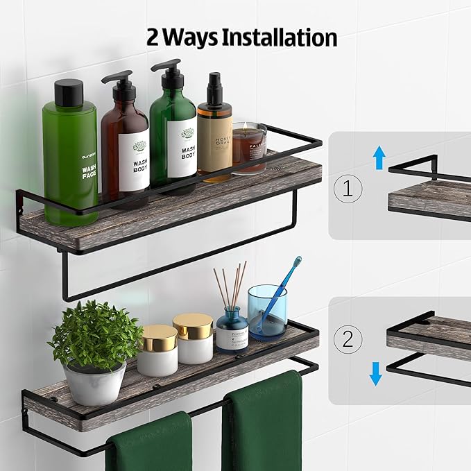 Meangood Floating Shelves Wall Mounted Set of 2, Wall Shelf with Towel Bar Rustic Wood Wall Storage Shelves for Bedroom,Living Room,Bathroom, Kitchen Pine