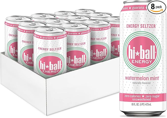 Hiball Clean Energy Drink - Watermelon Mint - Zero Sugar, Zero Calorie Sparkling Water with 160mg Organic Caffeine, 50mg Organic Ginseng, 50mg Organic Guarana and B Vitamins - 16 fl oz (8-Pack)