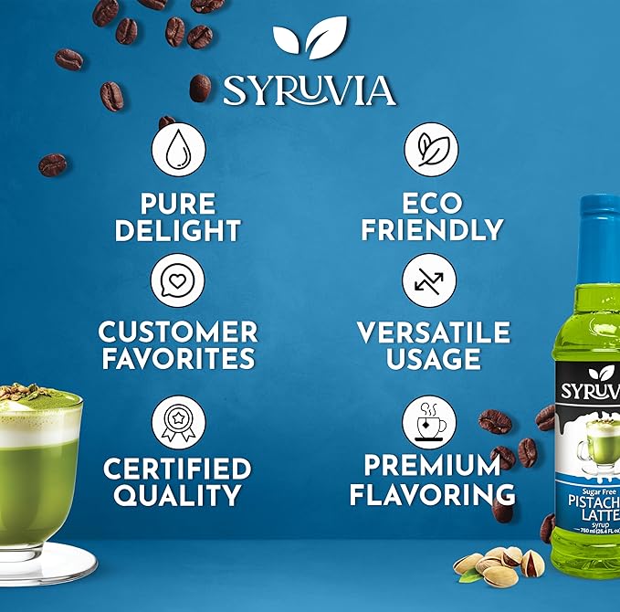 Syruvia Sugar Free Coffee Syrup, Pistachio Latte Flavored Syrup for Drinks, Lattes, and Desserts – 25.4 fl oz