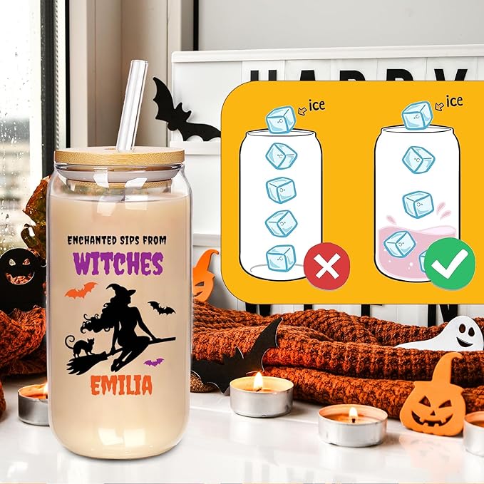 Personalized Halloween Tumbler for Witches-Boo Basket Stuffers- Can Shaped Glass with Lids and Straws18OZ -Halloween Gifts for Women Kids Daughter