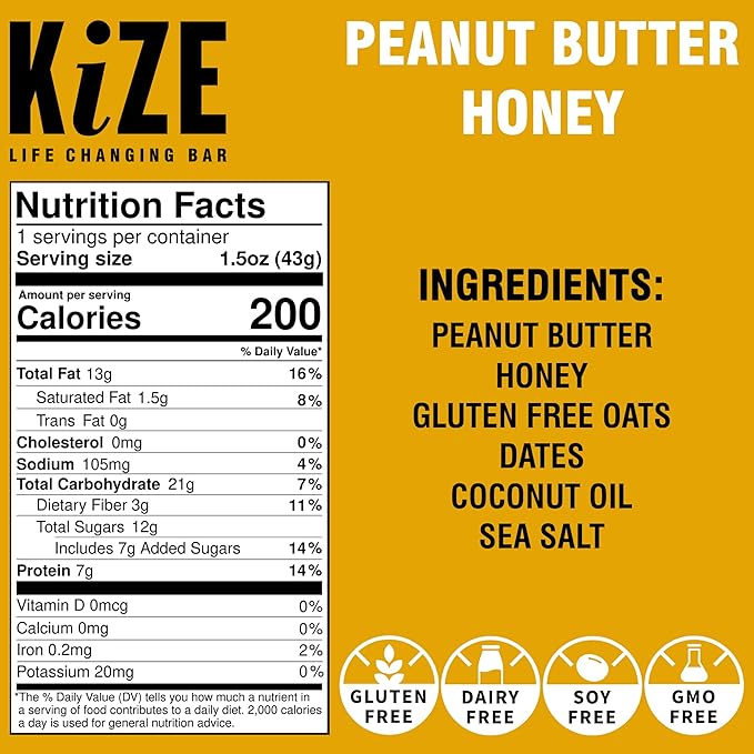 KiZE Energy Bars - Peanut Butter Honey - 30-Count - Gluten Free, Dairy Free, Non-GMO, and High Protein Meal Replacement Energy Bars, Clean and Simple Food Ingredients - 7g High Protein Snacks (30 Count)