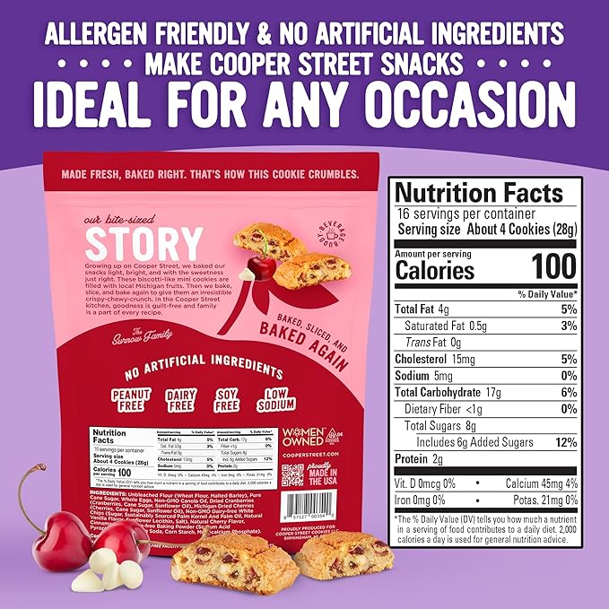 Cooper Street Twice-Baked Cherry White Chip Biscotti Cookies (16 oz Pack of 2) – Over 50 Biscotti Cookies per Bag Loaded with Real Fruit, Traditional Italian Style Snacks - Dairy, Peanut & Soy Free
