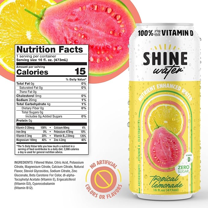 ShineWater Tropical Lemonade Vitamin D Electrolyte Drink | Zero Sugar Hydration Beverage with Magnesium, Zinc & Antioxidants | Low Calorie Plant-Based Vitamin Water | 12 Pack