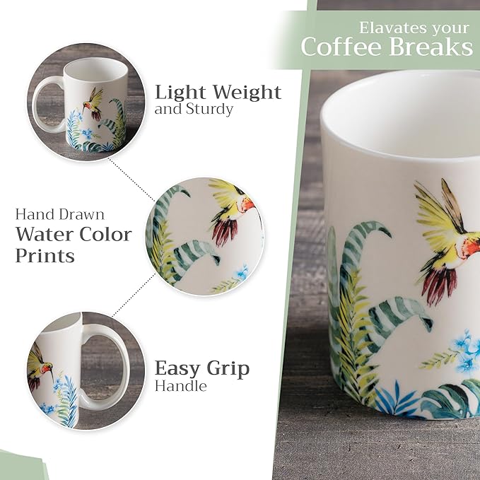 Maison d' Hermine Coffee Mug with Handles Fine Bone China Mugs Pack of Two Tea Cups for Hot Beverages Cappuccino Latte Home Restaurant Office Perfect for Gift (Tropiques, 15 Ounce)
