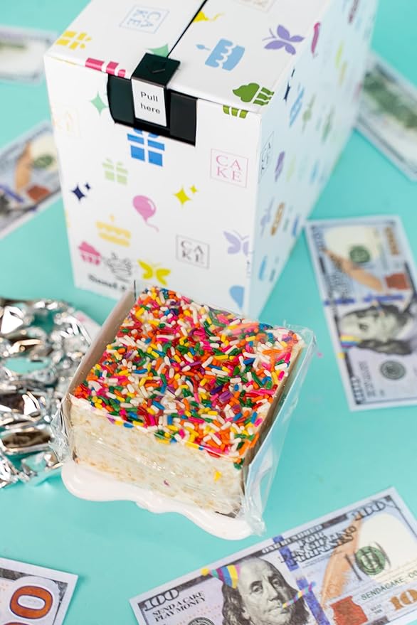 Celebration Billionaire Box by Send A Cake, Ready to Gift, No Assembly Required with Music, Sweet Caramels & Delicious 3" Rainbow Sprinkle Crispy Cake - Gift for Women, Men, Sister, Mom, Dad, Best Friend, Adults, Kids