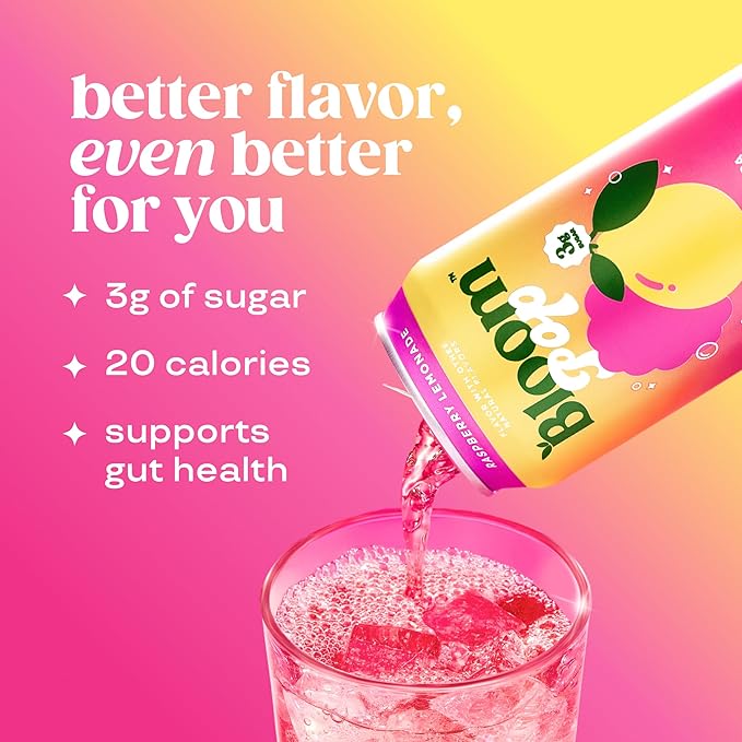 Bloom Pop Prebiotic Soda 12 Pack, Raspberry Lemonade Flavor, 12oz Cans | Prebiotic Soda for Gut Health, Low Calorie Soda, No Caffeine, Healthy Soft Drink Alternative