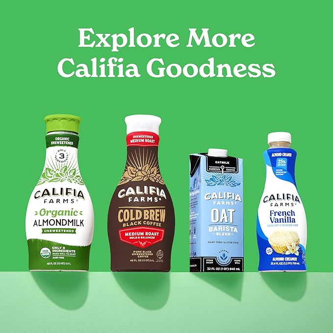 Califia Farms - Unsweetened Vanilla Almond Milk, 32 Oz (Pack of 6), Dairy Free, Vegan, Plant Based, Keto, Shelf Stable, Vegan, Gluten Free, Non GMO, Sugar Free, High Calcium, Smoothie