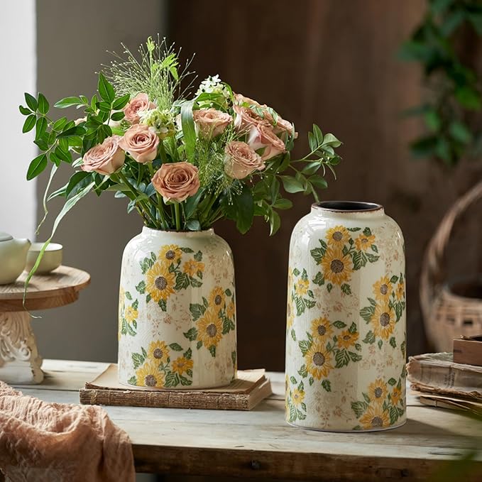 Vintage Ceramic Vase, 7.9 Inch Chinoiserie Sunflower Yellow Floral Vases, Retro Ice Cracked Rustic Antique Flower Vases for Modern Coffee Table Home Decor (Medium Cylinder)