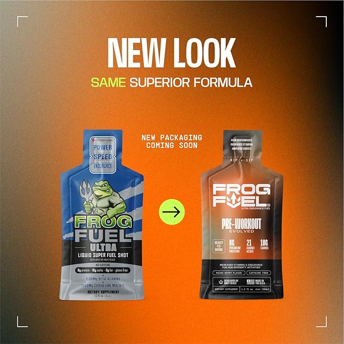 Frog Fuel Ultra Energy Gel & Pre Workout Shot with 1500mg Beta Alanine, Electrolytes 8g Protein Nano-Hydrolyzed Grass Fed Collagen, 10g Carbs, Gluten Free, Fat Free, Berry, 1.2 oz Packets, 24 Pack