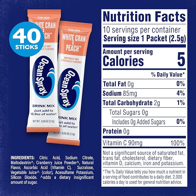 Ocean Spray® White Cran-Peach™ Zero Sugar Powder Drink Mix Packets with Real Cranberry Juice Powder, 100% Vitamin C, No Synthetic Dyes, Juicy Mixes (40ct)