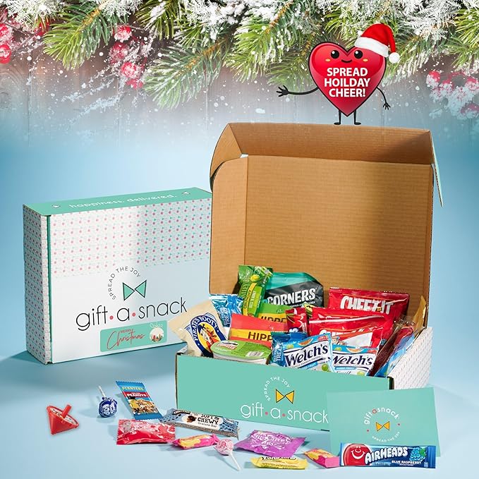 Gift A Snack - Christmas Stocking Stuffed, Pre-filled Holiday Snack Box Care Package + Greeting Card (40 Count) Sweet Treats Gift Basket, Candies Chips Cravy Food Assortments & Variety Gifts