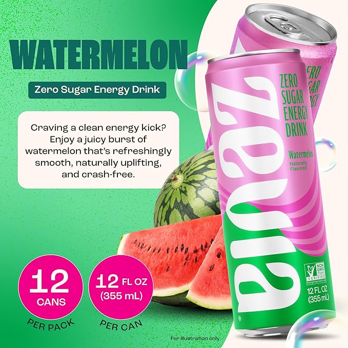 Zevia Zero Sugar Energy Drink, Watermelon, 12 oz Cans (12-Pack) – Naturally Sweetened, Non-GMO Project Verified, Gluten-Free, Vegan