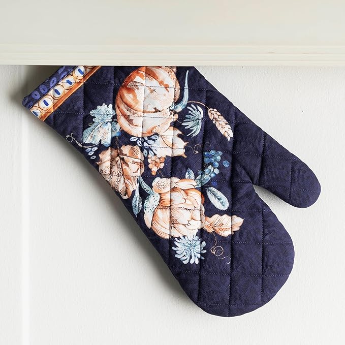 Maison d' Hermine 100% Cotton Oven Mitt & Pot Holder Set (7.5"x13" & 8"x8") Heat Resistant BBQ Cooking Gloves with Loop, Baking, Grilling, Kitchen, Handling Hot Pans (Pumpkin Blues)