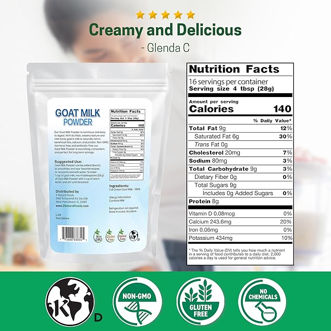 Z Natural Foods Goat Milk Powder - Pure Netherlands Full Cream Milk, Powdered Goat Milk, Highly Nutritious, Easy Digestion - Whole Goats Milk for Adults for Smoothies, Cooking, Baking, 1 lb