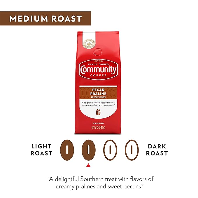 Community Coffee Pecan Praline Flavored 12 Ounces, Medium Roast Ground Coffee, 12 Ounce Bag (Pack of 3)