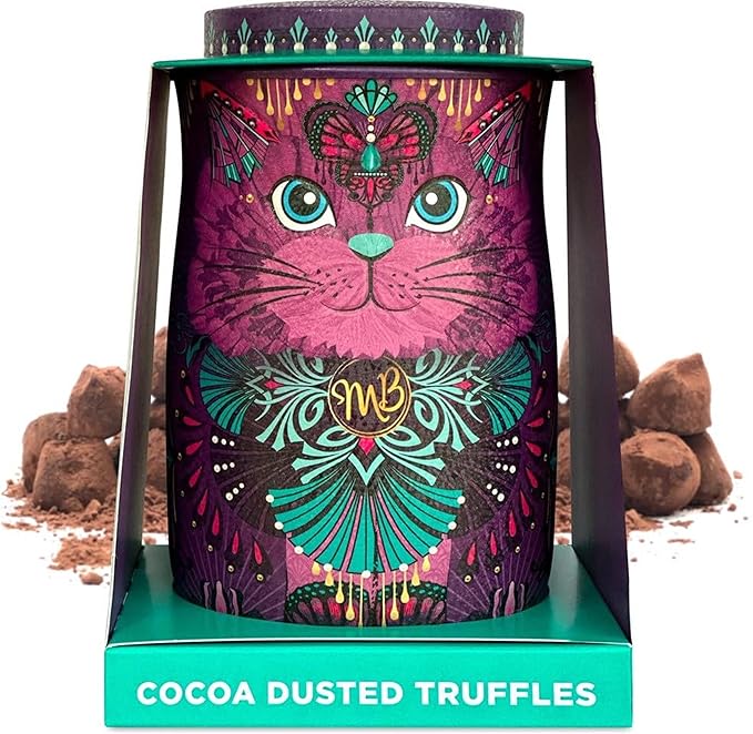 Monty Bojangles Cocoa Dusted Chocolate Truffles Cat Tin (Violet Rebel - 4.7oz) Choccy Scoffy Flavored Luxury Chocolatey Truffles - Collectable Cat Tin, Chocolate Gift Box With Bespoke Design