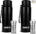 London Sip 25 oz Multi-Function Travel Mug and Tumbler Tea Infuser Water Bottle Fruit Infuser Flask Hot and Cold Double Wall Stainless Steel Coffee Thermos, Zen Black, Pack of 2