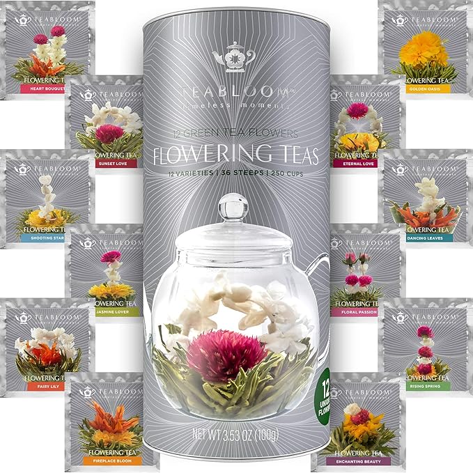 Teabloom Complete Tea Set – Glass Teapot (40 oz), Loose Tea Glass Infuser, 4 Insulated Glass Teacups, Tea Warmer, and 12 Flowering Teas – Elegant Blooming Tea Gift Set