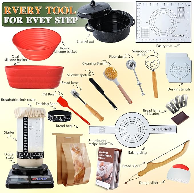 Sourdough Bread Baking Supplies 34 oz Sourdough Starter kit with Pot, 2 Silicone Bread Proofing Baskets, and Bread Making Tools Kit - Red