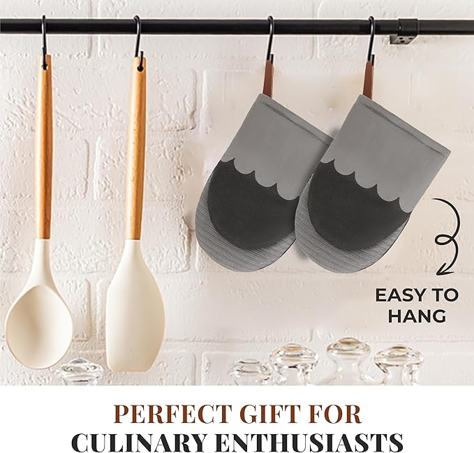 Folkulture Mini Oven Mitts Heat Resistant | (5.75x9) Set of 2 Short Grey Oven Mitts with Hanging Loop | 100% Cotton Oven Gloves or Kitchen Mittens | Small Oven Mitt Set, Grey Scallop Oven Mits