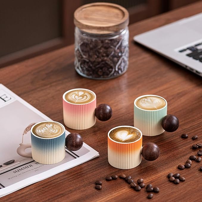 Ceramic Mini Espresso Cups Demitasse Cups with Round Wooden Handle Vertical Stripes Tea Cups (Beige&Pink, 2pcs)
