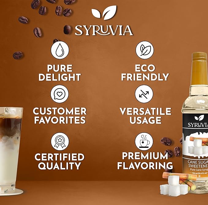 Syruvia Cane Sugar Sweetener Coffee Syrup - 25.4 fl oz. Premium Coffee Flavoring Syrup. Kosher and Gluten-Free. Perfect for Enhancing Drinks, Sodas, Shakes, Desserts, and More.