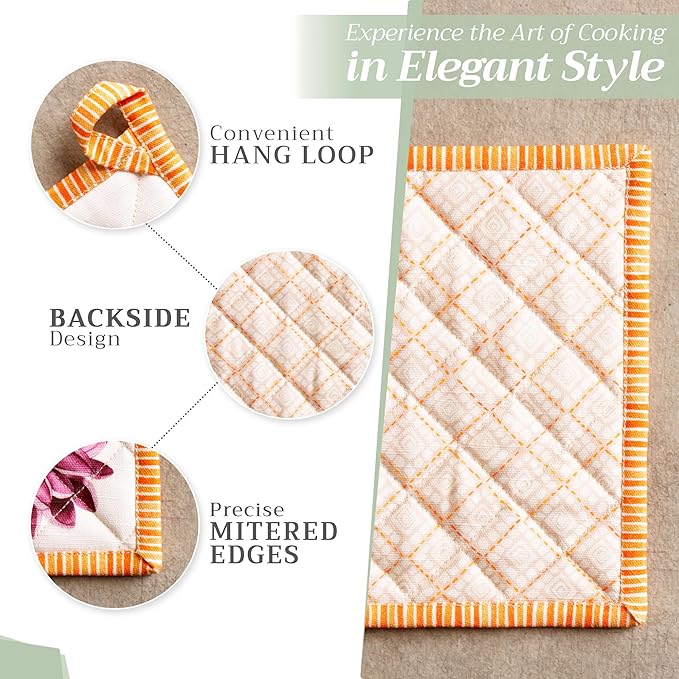Maison d' Hermine 100% Cotton Oven Mitt & Pot Holder Set (7.5"x13" & 8"x8") Heat Resistant BBQ Cooking Gloves with Loop, Baking, Grilling, Kitchen, Handling Hot Pans (Pumpkin Garden - Cloudy Cream)
