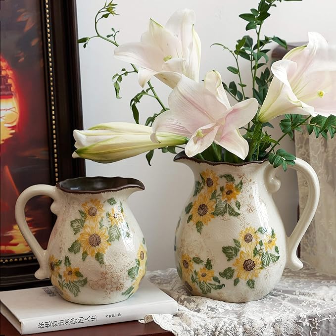 Vintage Vase with Handle, 7.6 Inch Ceramic Pitcher Sunflower Floral Vase, Rustic Farmhouse Vases for Grandma Core Home Decor, Bookshelf Office Tuscan Decor (Large Teapot)