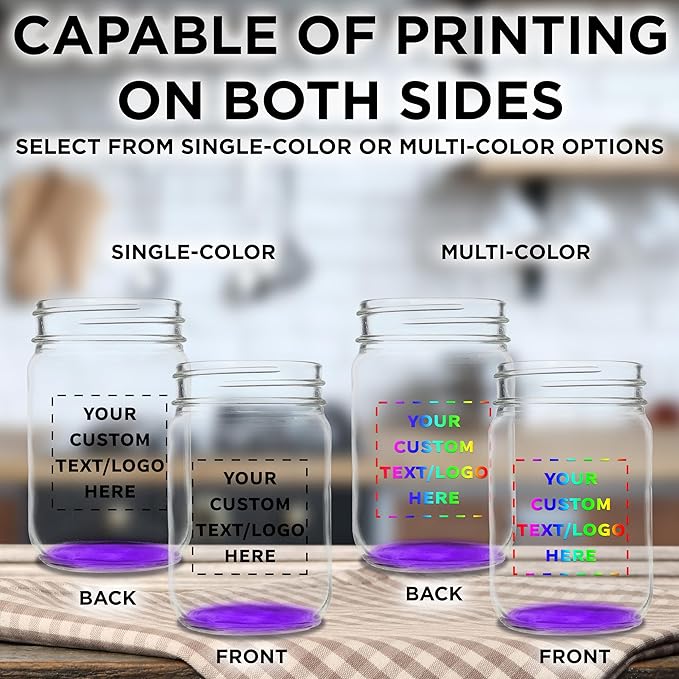 DISCOUNT PROMOS Custom Decorating Mason Jars 12 oz. Set of 100, Personalized Bulk Pack - Glass Jars for Overnight Oats, Candies, Fruits, Pickles, Spices, Beverages - Purple