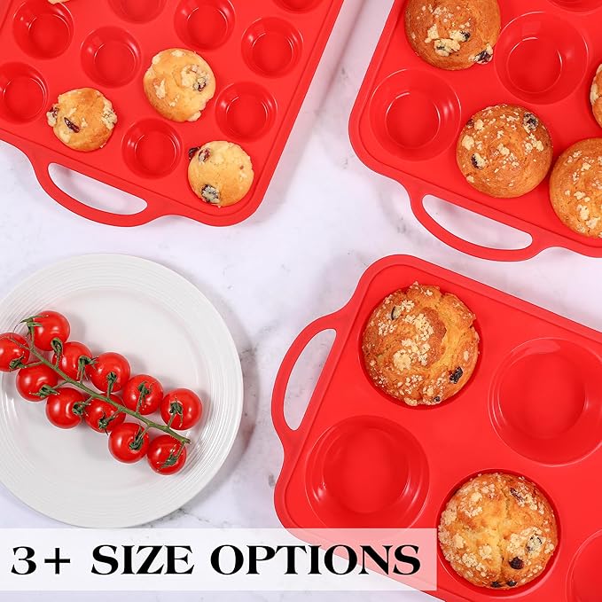 Silicone Mini Muffin Pan With Stainless Steel Reinforced Frame 24 Cups Nonstick Cupcake Molds for Baking Silicone Muffin Tray with Handles(1 Pc, Red)