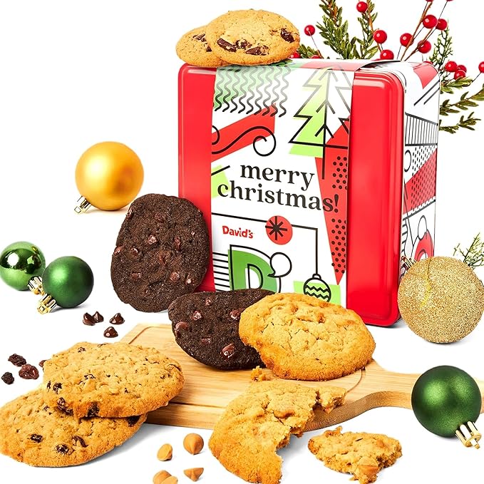 David’s Gourmet Fresh Baked Merry Christmas Assorted Holiday Cookies Tin – 1Lb All-Natural Handmade Soft Variety Cookies in a Premium Gift Box