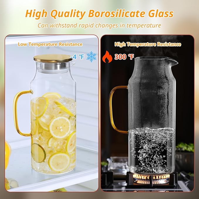 2 Liter 68 oz Glass Pitcher with Lid and Spout, Gold Glass Water Pitcher for Fridge, Glass Carafe for Hot/Cold Water, Large Jug for Iced Tea, Coffee, Juice and Homemade Beverage