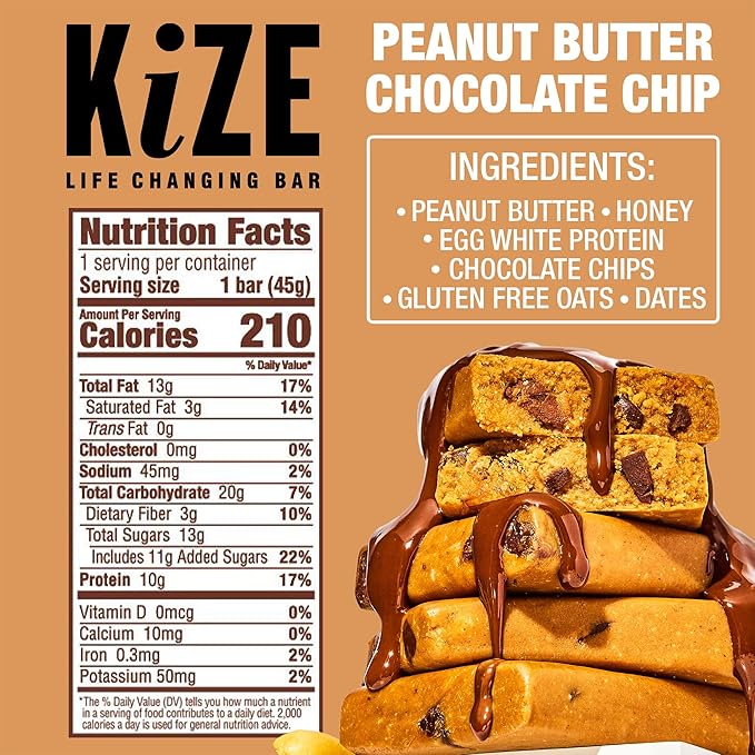 KiZE Energy Bars - Peanut Butter Chocolate Chip - 30-Count - Gluten Free, Dairy Free, Non-GMO, and High Protein Meal Replacement Energy Bars, Clean and Simple Food Ingredients - 10g High Protein Snacks (30 Count)