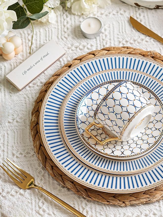 CwlwGO-European Style Ceramic Coffe Cup and Saucer Sets, 7 Oz Bone China Beautifully Glazed Blue Gold Tea Cup Set, Golden Spoon,Cappuccino, Latte, Suitable For Women's Gifts (4 pack)