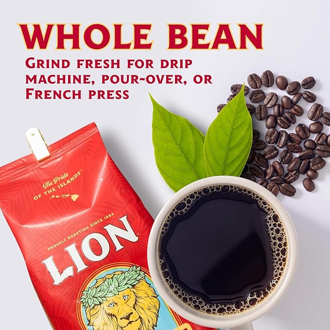 Lion Coffee Premium Gold Roast Whole Bean Coffee, 10% Kona Blend, Medium-Light Roast, A Taste of Aloha - 24 Ounce Bag