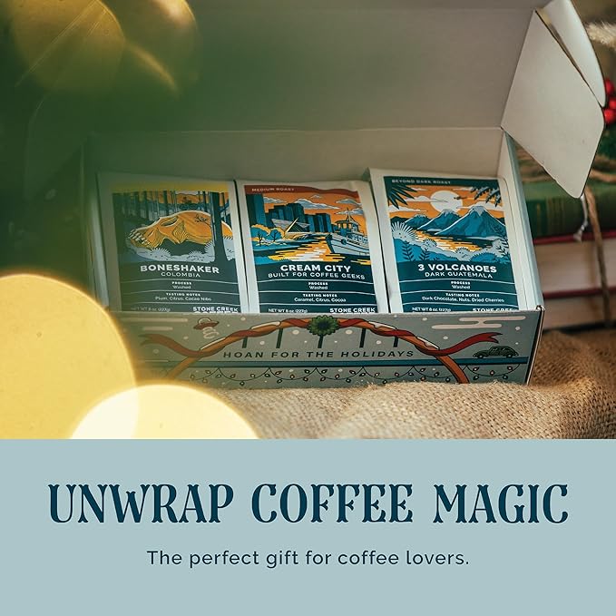 Stone Creek Coffee Cream City Cheer Box (Dark, Medium and Light Roast, 8 Oz) – Whole Bean Coffee Sampler, Holiday Limited-Edition Gift Set, Bright, Smooth and Bold Fresh Roasted Coffee Beans