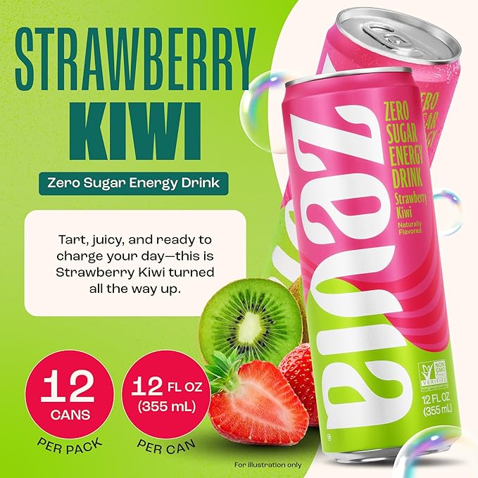 Zevia Zero Sugar Energy Drink, Strawberry Kiwi, 12 oz Cans (12-Pack) – Naturally Sweetened, Zero Calorie Sugar Free Energy - Non-GMO Project Verified, Gluten-Free, Vegan