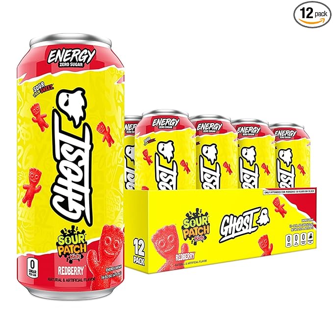 GHOST Energy Drink - 12-Pack, Sour Patch Kids Redberry, 16oz - Energy & Focus & No Artificial Colors - 200mg of Natural Caffeine, L-Carnitine & Taurine - Gluten-Free & Vegan
