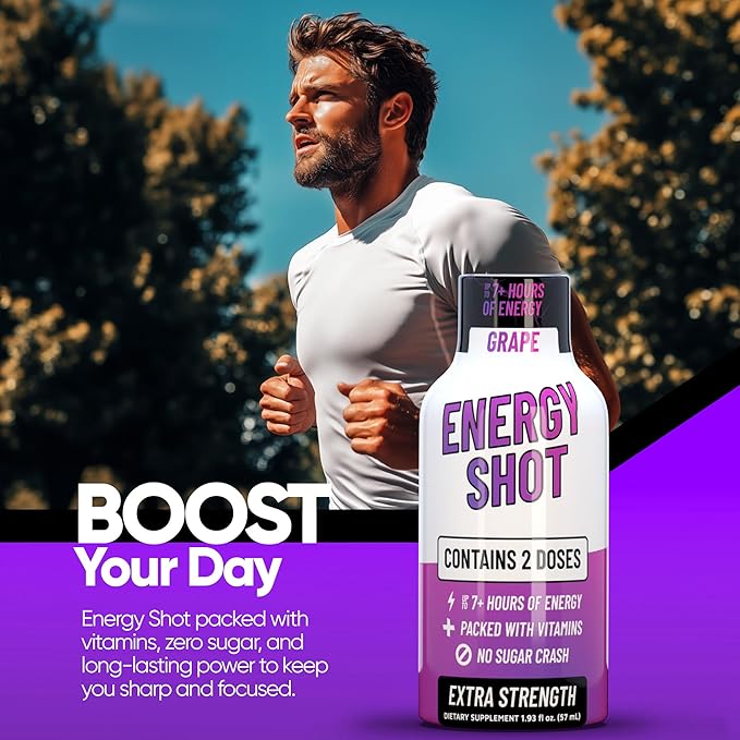 Grape Extra Strength Energy Shot 24 pk – 260mg Natural Caffeine B12 B6 – Energy & Focus Support – 2 Servings Sugar Free Zero Calorie Green Tea B-Vitamins Electrolytes Vegan – 1.93 fl oz