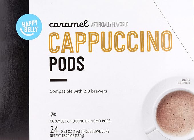 Amazon Brand - Happy Belly Cappuccino Coffee Pods Compatible With K Cup Brewers, Light Roast, Caramel Flavored, 24 Count, 12.72 ounce (Pack of 1)