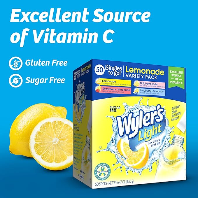 Wyler's Light Lemonade Variety Pack, 40 ct Singles to Go Powder Packets, Water Drink Mix, Variety Pack, Pink, Strawberry & Blueberry Lemonade, Sugar & Caffeine Free, On-The-Go,(Pack of 1)